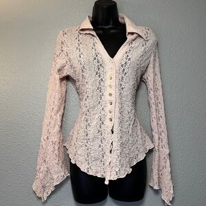 Womens Femme Pink Lace Floral Blouse long sleeve kawaii Lolita Ruffle size L